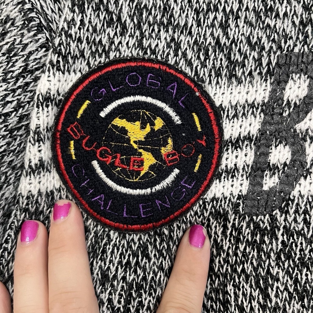 Vintage Bugle Boy Sweater 80s Spell Out Gray Black Block Patch Size Small - Picture 6 of 11